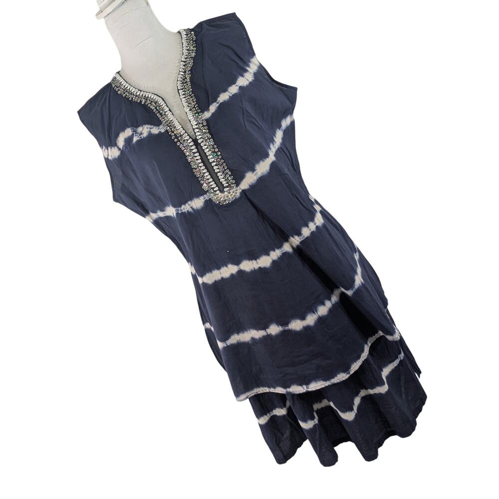 SOFT SURROUNDINGS! NAVY BLUE & WHITE TIE DYE, PEARL & JEWEL NECKLINE 2 PC SET! M